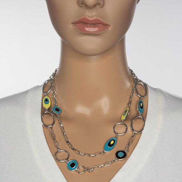 Groovy 70's Vibe Teal‎ Black Yellow Necklace Faux Silver Chain - Picture 1 of 11